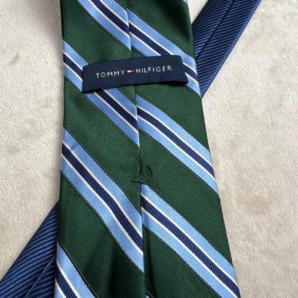 Tommy Hilfiger Diagonal Stripe Silk Tie Blue Green 3" Wide - Picture 4 of 6